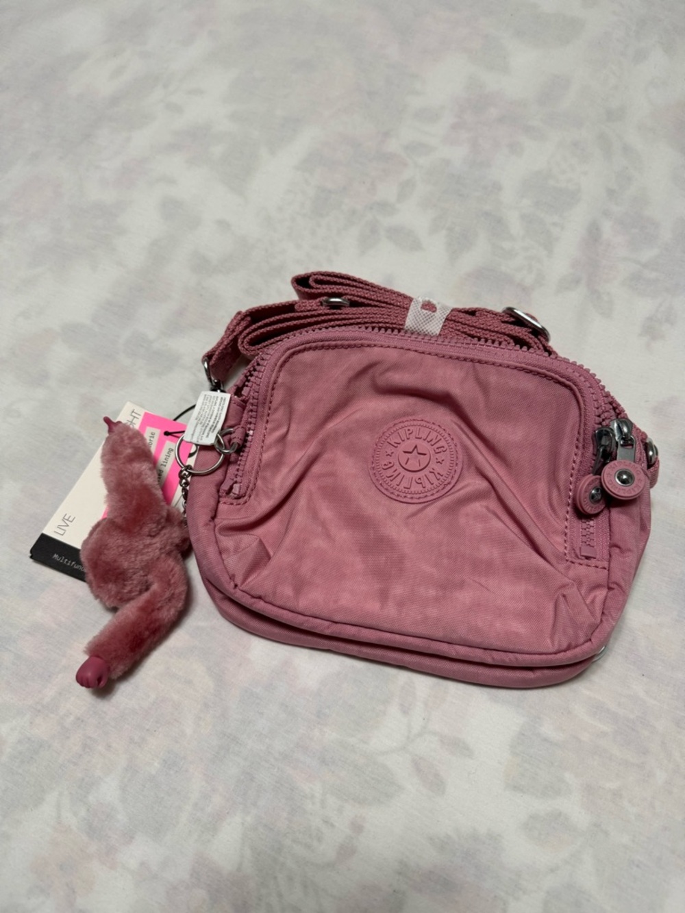 Kipling Dusty Rose Small Crossbody Bag with Pom Charm